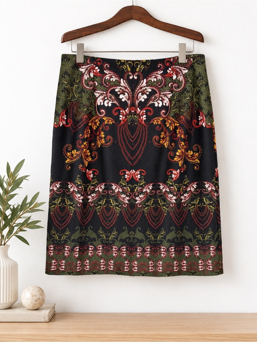 Baroque Tapestry Print Stretch Pencil Skirt Black Olive Burgundy XL